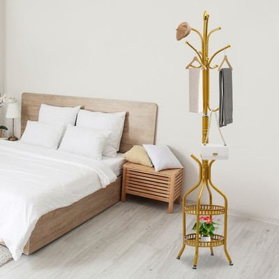 Modern Metal Coat Rack w/Storage Basket Hat Coat Hanger Stand Bedroom Coat Tree