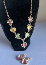 Rare Vtg Emmons Pastel Color Hearts Gold Necklace & Clip-On Earrings Set EmJ C6