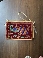 Vintage Velvet Wristlet/Clutch with Embroidered Peacock  Gold Sequins 5x7in