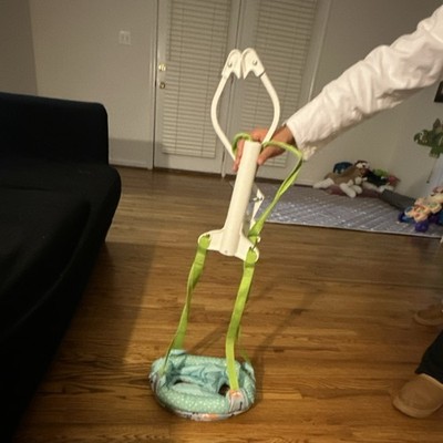Infant Doorway Jumper Green Blue White with Green Straps and Padded Seat