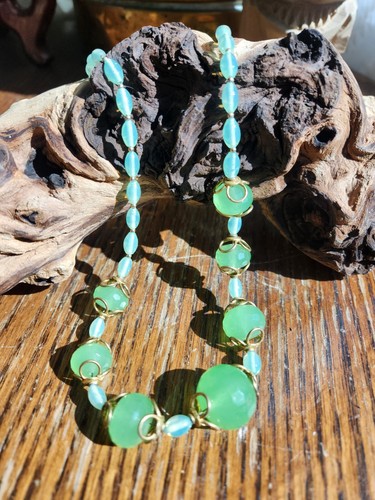 Vintage Miriam Haskill Green Art Glass Beaded Statement Necklace