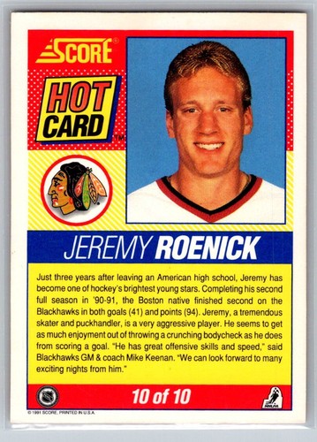 1991 Score American #10 Jeremy Roenick Hot Cards - Picture 2 of 2
