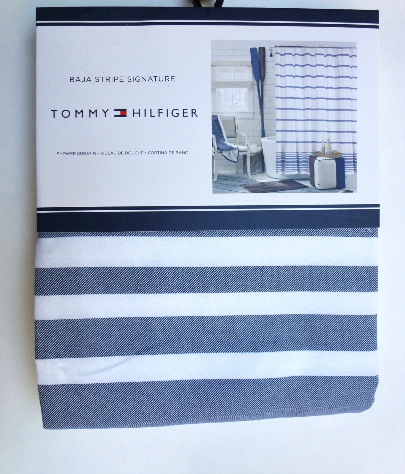 New TOMMY HILFIGER Baja Stripe Signature SHOWER CURTAIN Blue White