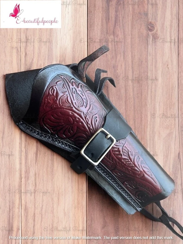 Leather Handcrafted &Tooled Flower Double toned Gun Revolver Holster Western - Image 4 of 4