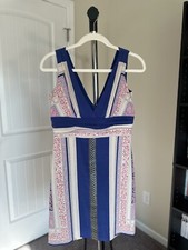 Vintage Nicole Miller Above Knee Cocktail, Mini Striped Dress 6 Royal Blue Silk