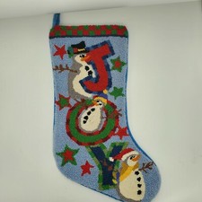 Joy Snowmen Christmas Stocking Punch Needle Embroidery Blue