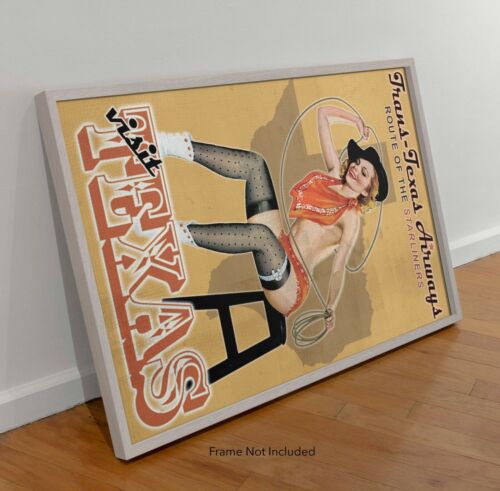 Trans-Texas Airways Travel Print Airplane Poster - Rodeo Cowgirl Pinup Girl - Picture 2 of 4
