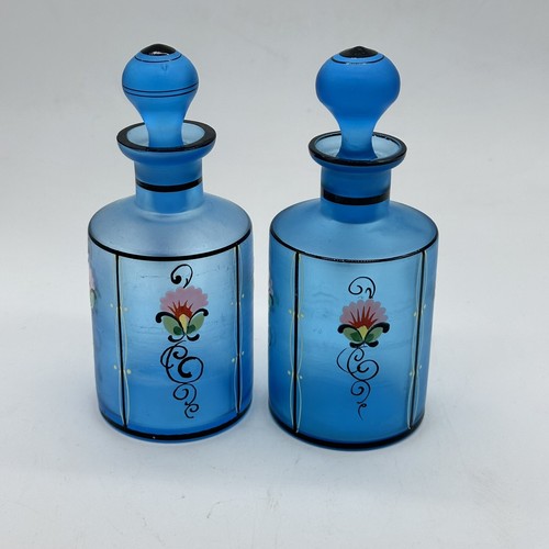 Czechoslovakia Blue Satin Glass Two Handpainted Enamel Vintage Perfume Bottles - Picture 2 of 16