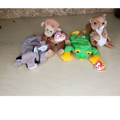 TY Beanie Babies Baby Bundle of 4 Frog Squirrel Cat Monkey