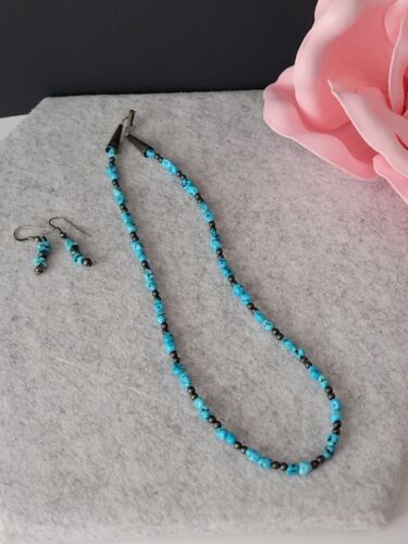 Vintage Necklace Teal Turquoise Black & Silver Beaded & Earrings Set 16"