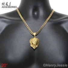 20"MEN Stainless Steel 7mm Gold Plated Cuban Curb Chain LION KING Pendant*GP50