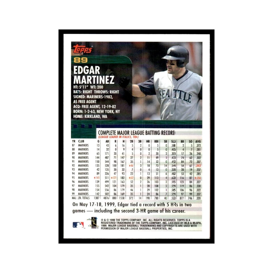 Edgar Martinez 2000 Topps #89 Seattle Mariners Baseball Card NM - Image 2 of 3