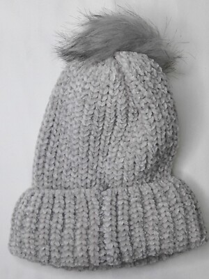 White & Light Gray Faux Fur Pom Pom Beanie Light Gray Chunky Knit Hat With Faux Fur Pompom, Silver  main image 3