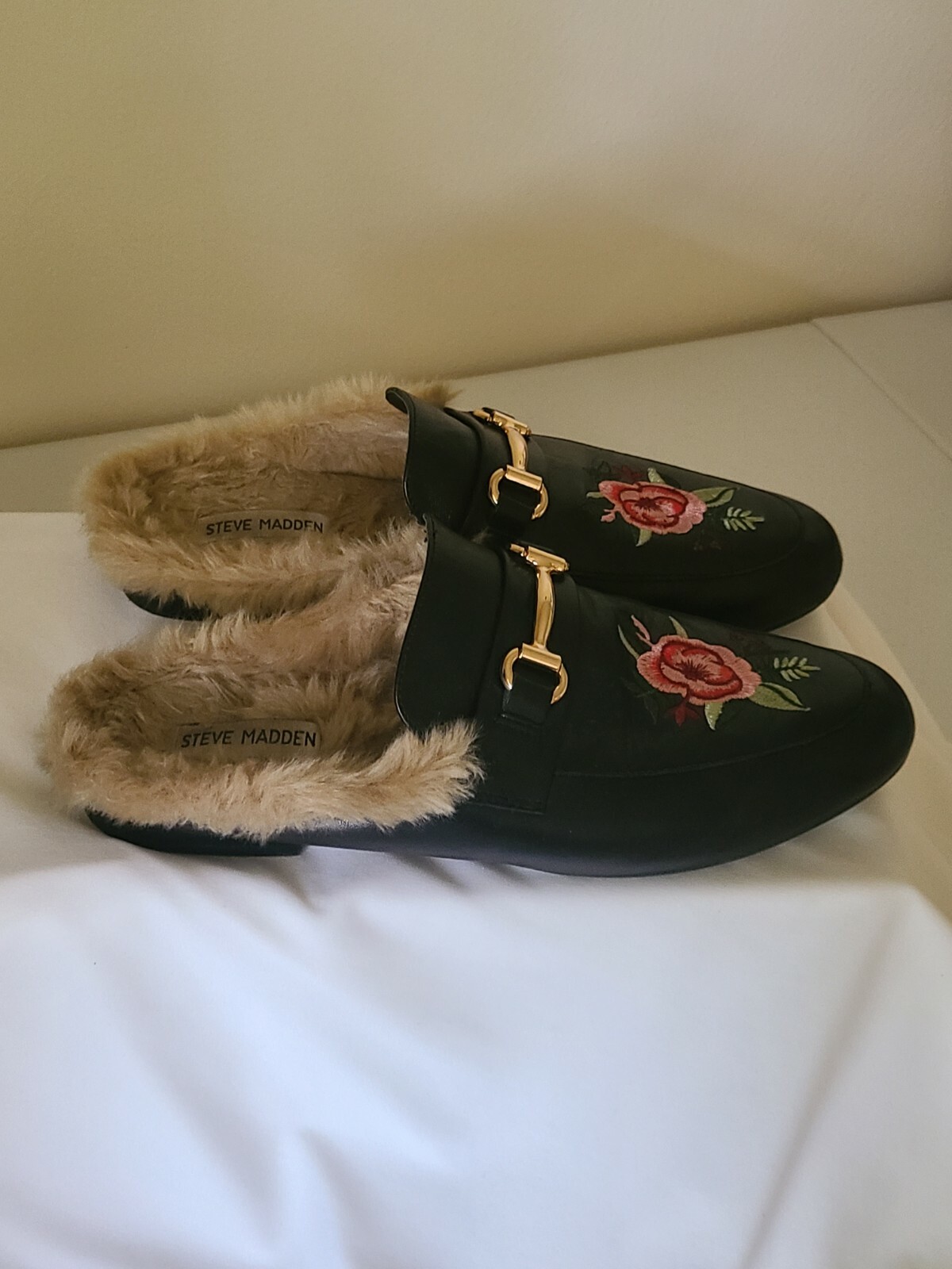 Steve Madden Jill Black Faux Fur Backless Leather Loafer Floral Mules Sz 10  M | eBay