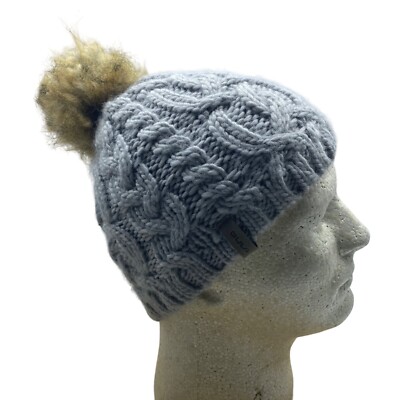 Bula Women Gray Brown Wool Blend Cable Knit Pom Pom Beanie