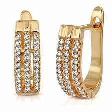 925 Sterling Silver Yellow Gold-Tone White Clear CZ Hoop Huggie Earrings, 0.60"