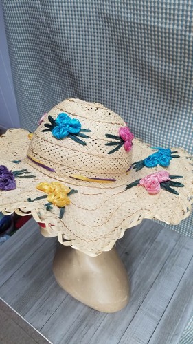 Vtg 60s 70s Wavy Brimmed Straw Sun Beach Hat Raffia Flowers Riviera Style - Picture 3 of 6