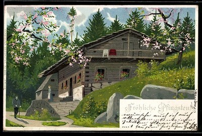 Artist postcard Alfred Mailick: wooden house on the edge of the forest, Merry Pentecost 1902 