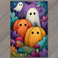 Art Print Whimsical Pumpkins Ghosts Forest Mushrooms Halloween