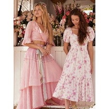LoveShackFancy Angie Pink Floral Midi Dress Maxi Puff Sleeve Coquette Romantic 8