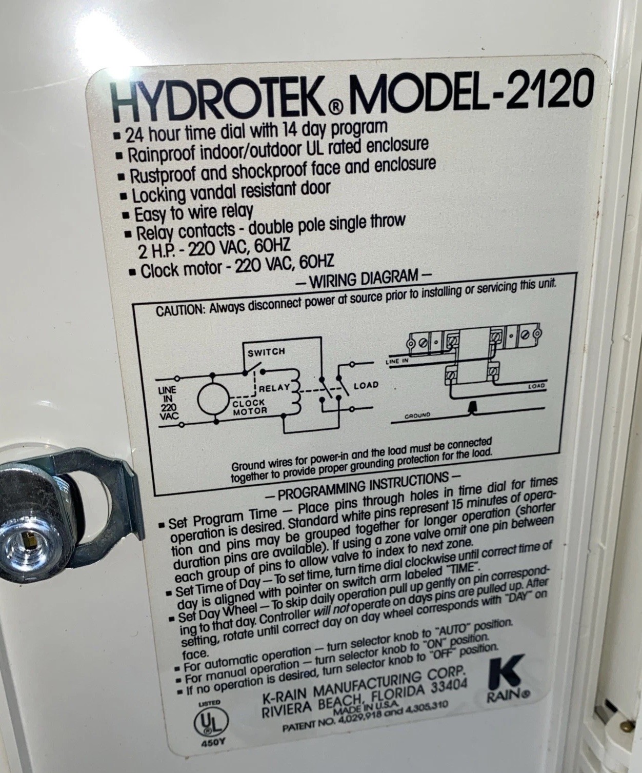 New! K-Rain Hydrotek 2120 Single Station Water Timer Controller 220VAC Lock Key