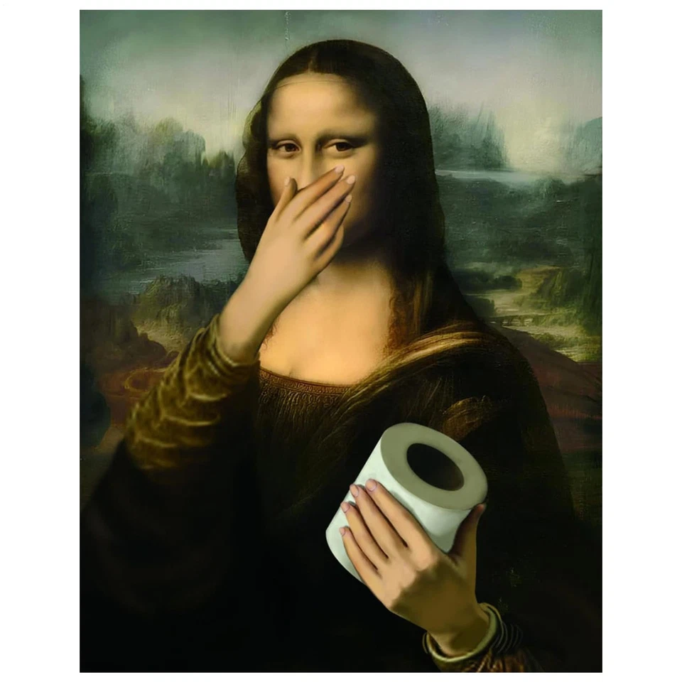 Lustige Mona Lisa Badezimmer-Wandkunst, humorvolles Toilettenpapier, rustikaler