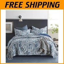 Cotton Reversible Bedspread Set, Queen Size, Blue Paisley
