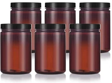 6 Pack 25 Oz Large Amber PET Plastic Refillable Jar Black Foam Lined Lid