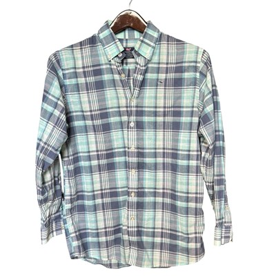 Vineyard Vines Whale Shirt Boys Large 16-18 Blue Plaid Long Sleeve Button Up