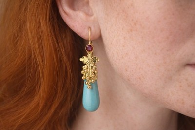 Museum Earrings Corinthian Turquoise Garnet Gold Plated VTG CZ Boho