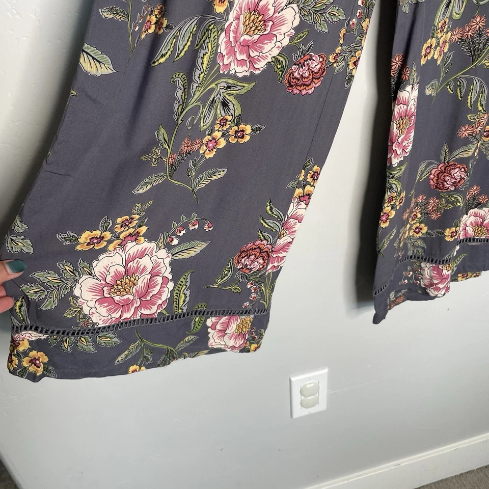 Брюки женские Angie с цветочным богемным принтом широкие штанины средние серые розовые романтические без застежек - Изображение 2 из 4