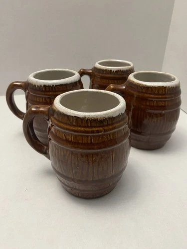 Vintage Set of Four brown drip McCoy Barrel Pottery Mugs-Shield Mark #4
