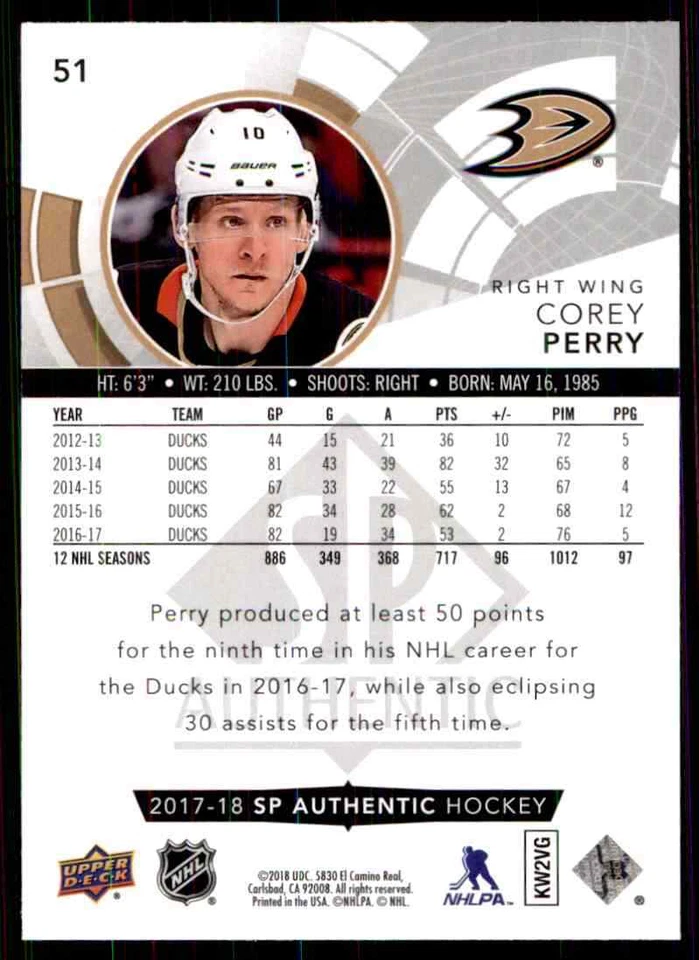 2017-18 Upper Deck SP Authentic Corey Perry #51 - Image 2 of 2