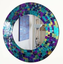 Round mosaic wall mirror teal & purple design, hand made in Bali, 40cm-NEW