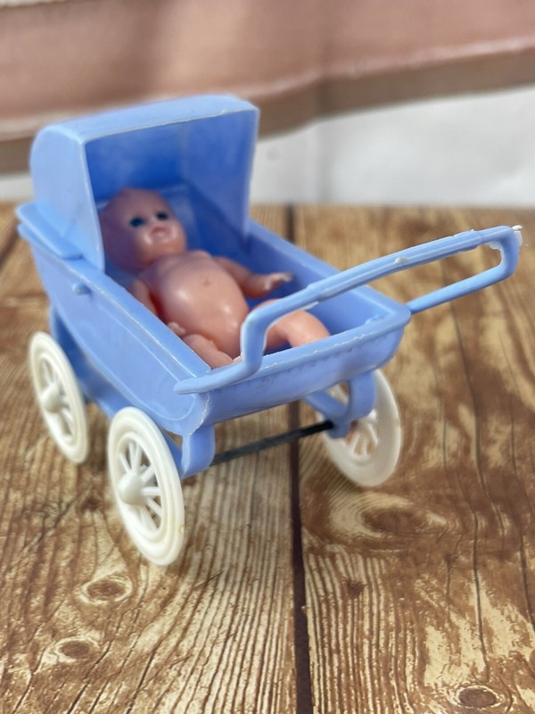 Blue Plastic Toy Stroller And Baby Both Made In Hong Kong Doll House Vintage