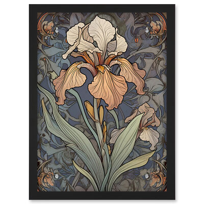 Jugendstil Iris Blüte Blume Aquarell gerahmt Wandbild Bild Druck A4
