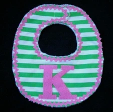 Mud Pie Infant Girl Green White Striped Bib Pink Initial K NEW