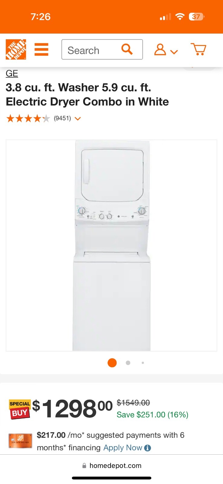 Stackable GE Washer and Dryer. Used for 2yrs. Depth is actually