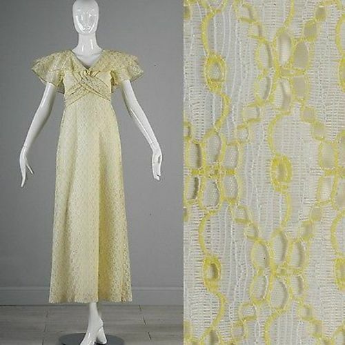 XS Vintage 1970s 70s Maxi Dress Hippie Boho Yellow Prairie Ruffle Summer Casual - Picture 1 of 8