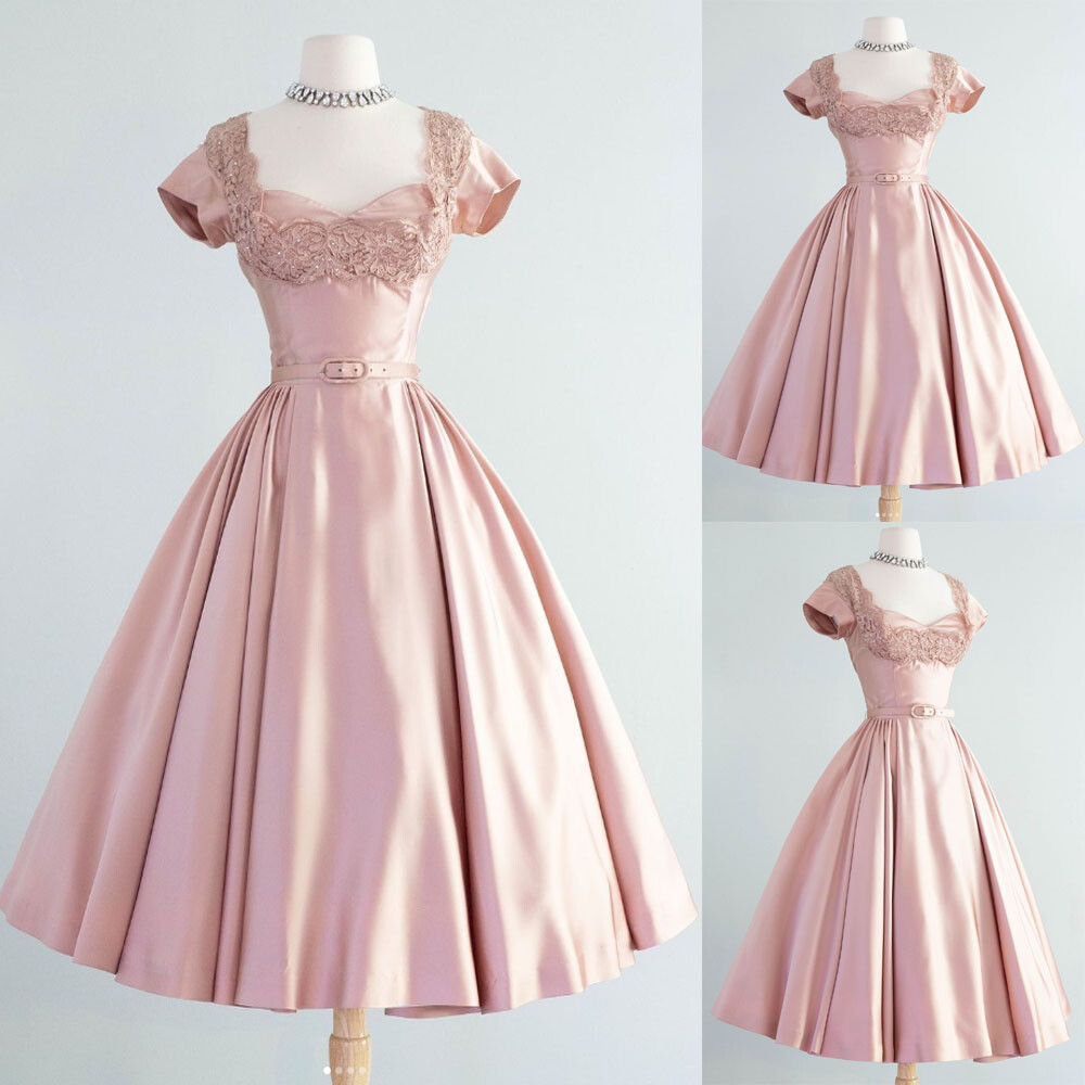 Vintage Pink Short Cocktail Prom Dresses Tea Length Silk Satin 1950s Party  Gowns