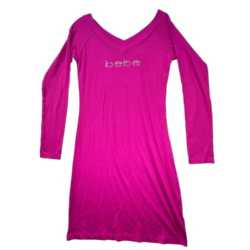 NEW Bebe Hot Pink Swarovski Crystal Rhinestone Logo Dress Women's Medium RARE