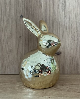 Deko Figur Aufsteller Osterhase Ostern Easter Keramik Gold Stoßoptik Landhaus