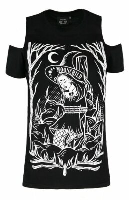 Restyle Burn The Witch Damen T-Shirt Cold Shoulder Goth Top Schwarz Moonchild