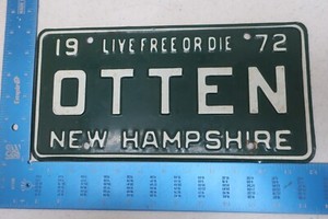 New Hampshire License Plate Tag 1972 72 NH Vanity OTTEN