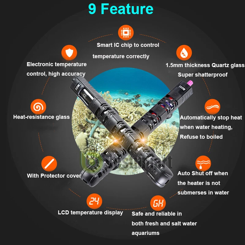 2x 100W-500W Aquarium Heater Anti-Explosion Submersible Fish Tank LED Adjustable - Image 3 of 4