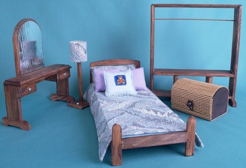 BEDROOM SET dollhouse wooden Furniture 1:6 playscale 12” dolls Barbie MH YOSD - Picture 8 of 11