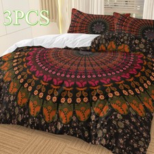 Soft Bohemian Duvet Cover Set 3PCS Twin Size Black Orange Mandala Bedding Set