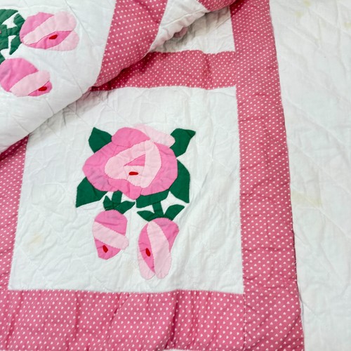 handmade quilt full pink roses floral cotton rustic primitive - Picture 9 of 19