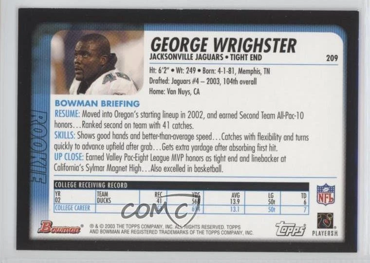 2003 Bowman George Wrighster #209 Rookie RC - Image 2 of 2