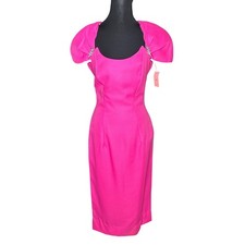 New Vintage Pink Dress Bridesmaid Bill Levkoff Puff Sleeve Glam Rhinestone Midi